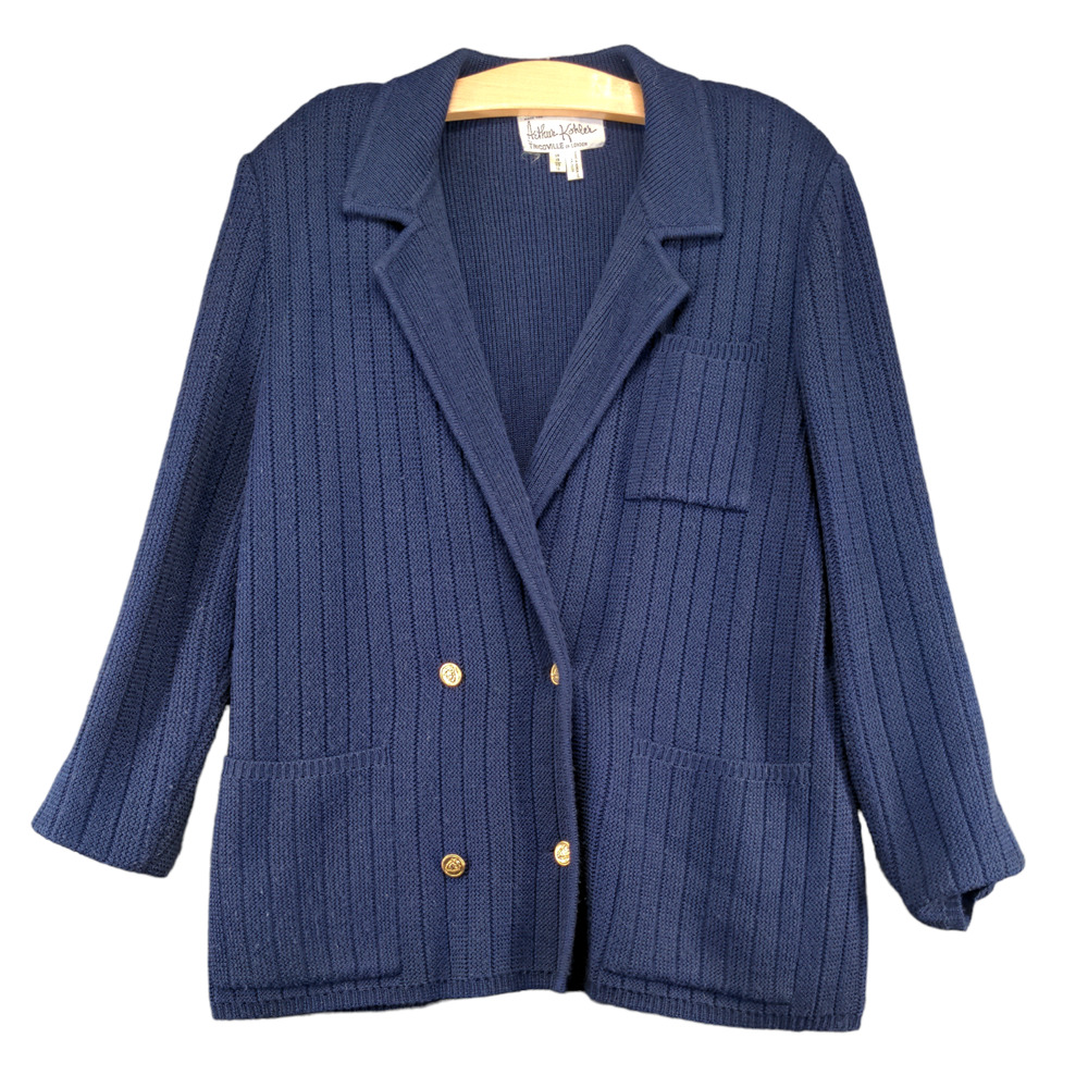 Arthur Kohler Women's Double Breasted Cardigan Sweater Blue 16 Shoulder Pads